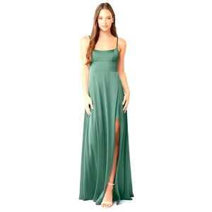 Azazie Eucalyptus A-Line Side Slit Stretch Satin Floor-Length Dress